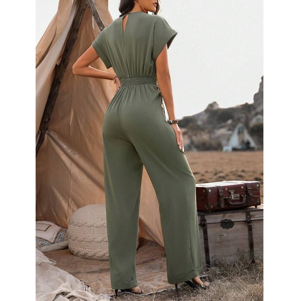 boho short sleeve rolled v neck jumpsuit olive green - Picture 2 of 2